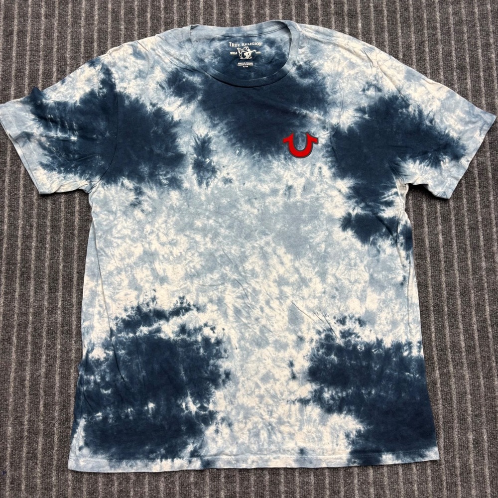 True Religion Mens Tie Dye T-Shirt XL Blue White Buddha Graphic World Tour Tee